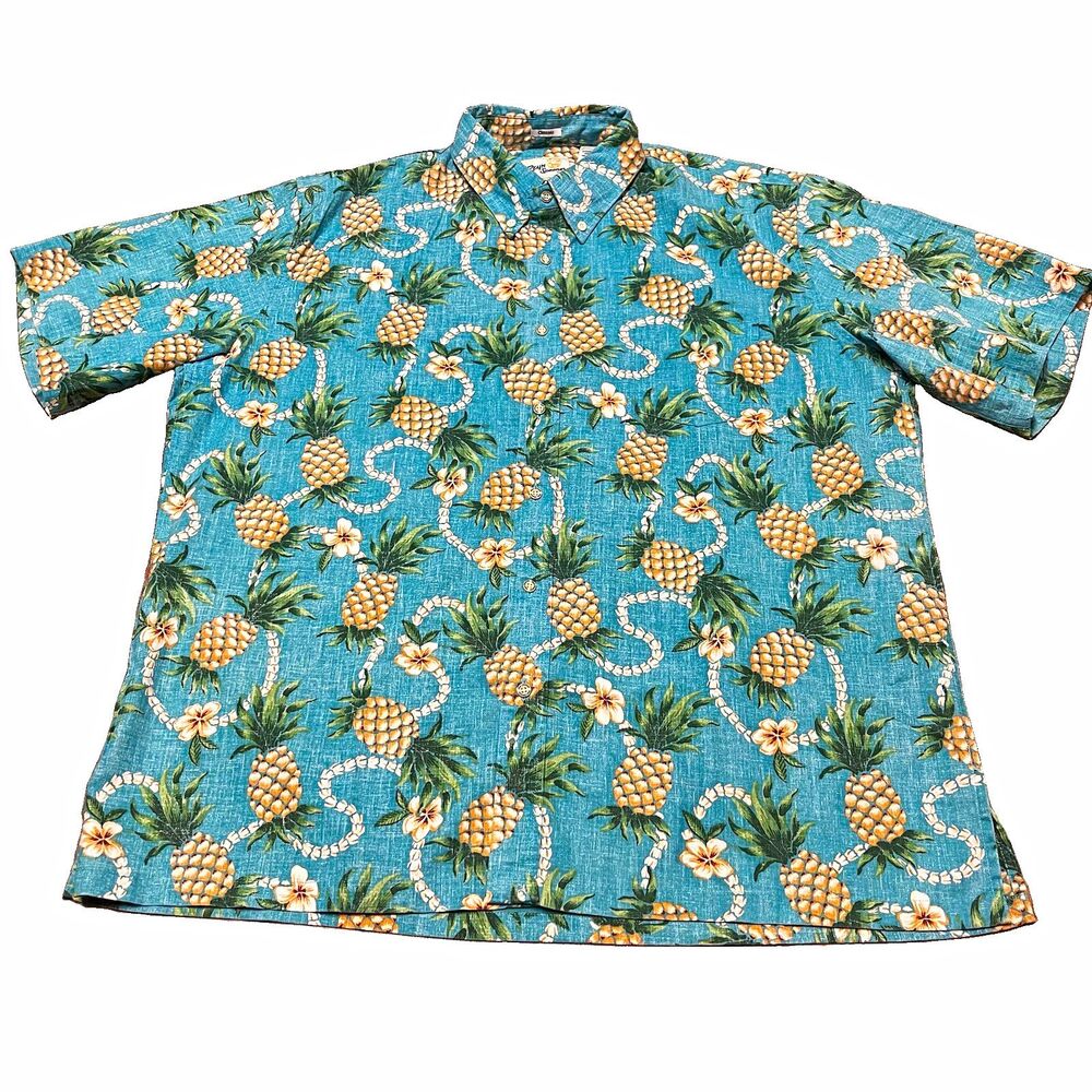 Vintage Reyn Spooner Mens XL Blue Hawaiian Pineapple Shirt Pinging for You EUC